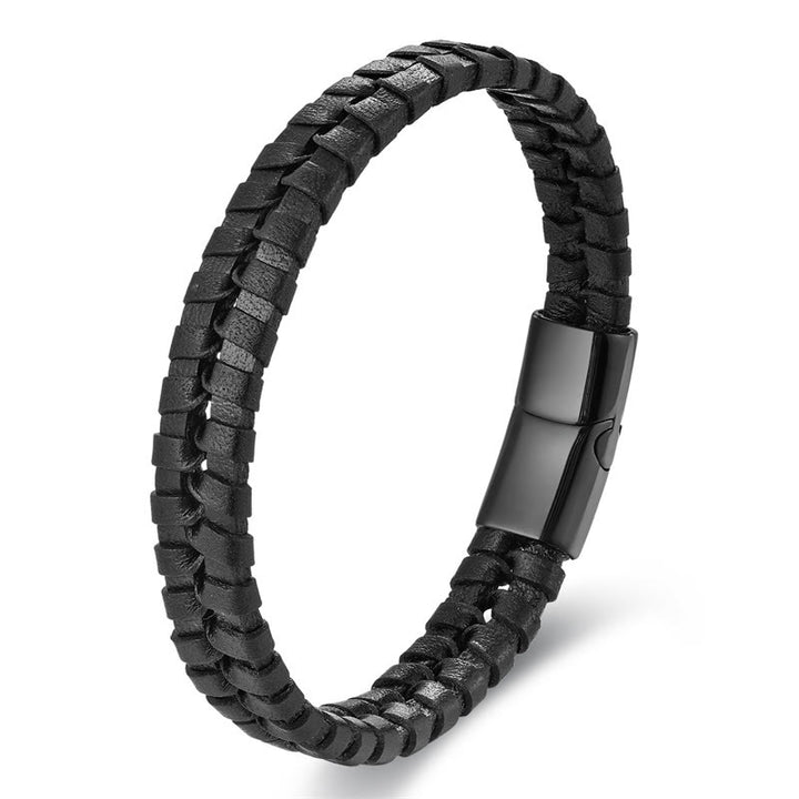 Bracciale con fibbia in pelle multistrato rinforzata in acciaio al titanio con motivo intrecciato semplice di Buddha Stones
