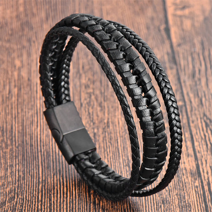 Bracciale con fibbia in pelle multistrato rinforzata in acciaio al titanio con motivo intrecciato semplice di Buddha Stones