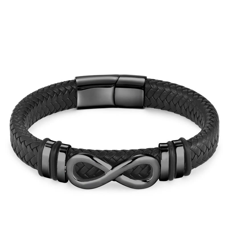 Bracciale con fibbia in pelle intrecciata rinforzata in acciaio al titanio con design a nodo infinito Buddha Stones