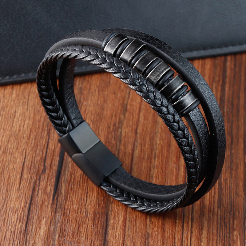 Bracciale Buddha Stones semplice in acciaio al titanio intrecciato con fibbia in pelle a tre strati e calmante