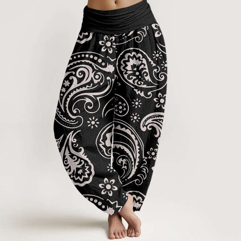 Pantaloni harem da donna con elastico in vita, casual ed eleganti, motivo floreale Paisley, Buddha Stones - Nero - US22, UK/AU26, EU54 (6XL) - image 1
