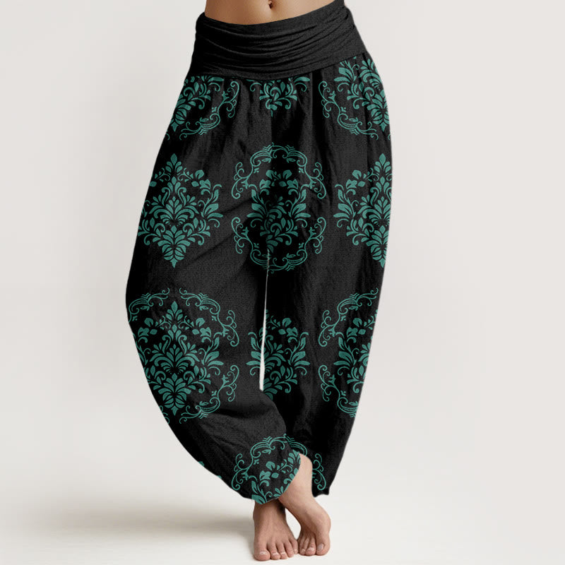 Pantaloni harem da donna con elastico in vita, motivo floreale simmetrico casual Buddha Stones - Nero - US22, UK/AU26, EU54 (6XL) - image 8