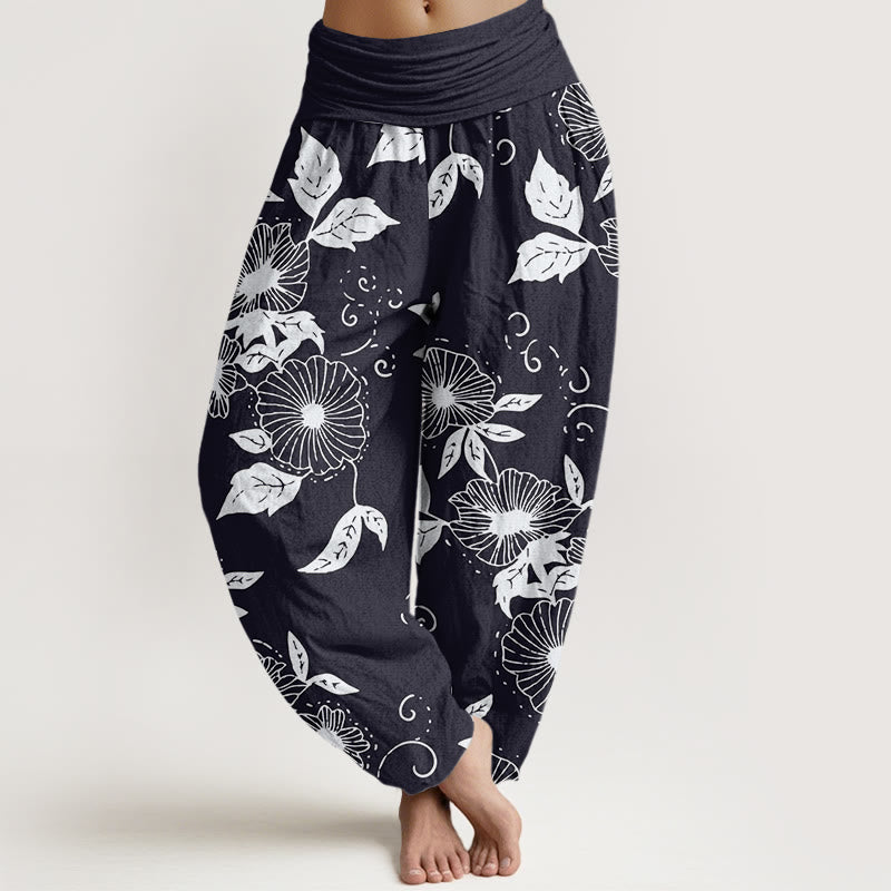Pantaloni harem da donna con elastico in vita, motivo Buddha Stones, motivo foglie e fiori di vite - Nero - US22, UK/AU26, EU54 (6XL) - image 1