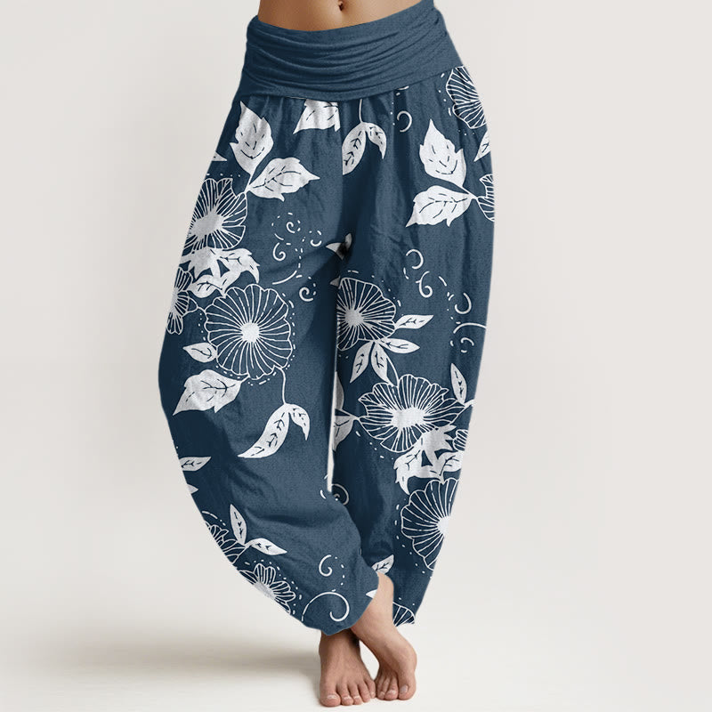 Pantaloni harem da donna con elastico in vita, motivo Buddha Stones, motivo foglie e fiori di vite - SteelBlue - US22, UK/AU26, EU54 (6XL) - image 8