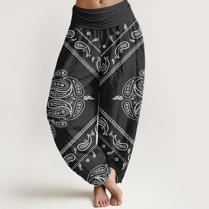 Pantaloni harem da donna con elastico in vita, motivo floreale e paisley, in cotone, casual, con Buddha Stones - Nero - US22, UK/AU26, EU54 (6XL) - image 0