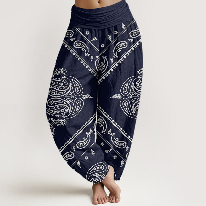 Pantaloni harem da donna con elastico in vita, motivo floreale e paisley, in cotone, casual, con Buddha Stones - Blu scuro - US22, UK/AU26, EU54 (6XL) - image 7