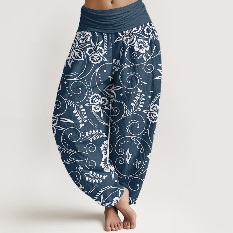 Pantaloni harem da donna con elastico in vita e motivo floreale a vortice Buddha Stones - Blu scuro - US22, UK/AU26, EU54 (6XL) - image 1