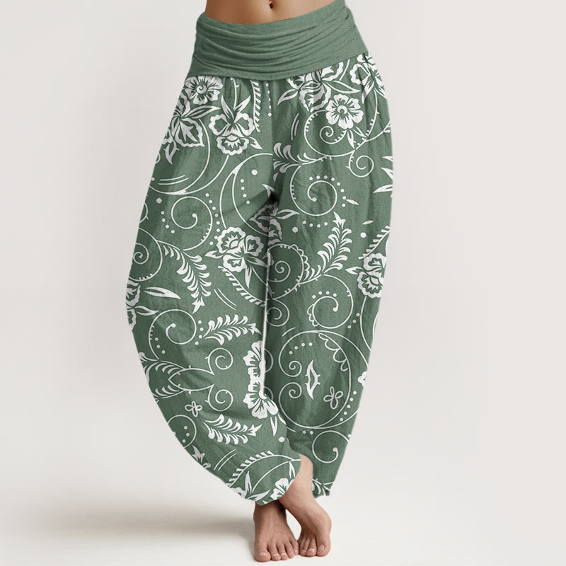Pantaloni harem da donna con elastico in vita e motivo floreale a vortice Buddha Stones - DarkSeaGreen - US22, UK/AU26, EU54 (6XL) - image 5