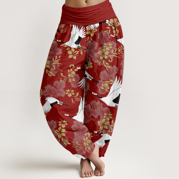 Pantaloni harem da donna con elastico in vita, modello Buddha Stones, gru volante e fiori di ciliegio - Mattoni refrattari - US22, UK/AU26, EU54 (6XL) - image 1