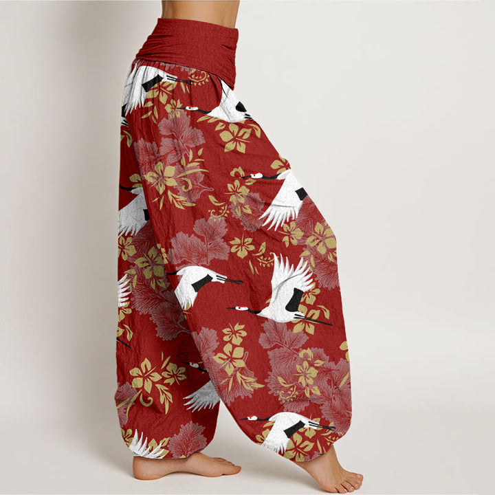 Pantaloni harem da donna con elastico in vita, modello Buddha Stones, gru volante e fiori di ciliegio - image 2