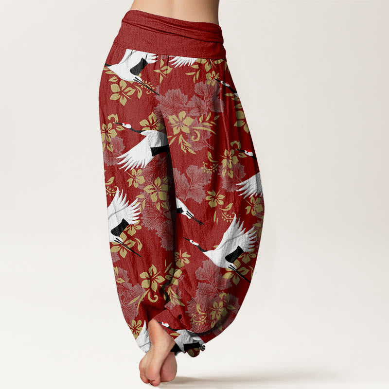 Pantaloni harem da donna con elastico in vita, modello Buddha Stones, gru volante e fiori di ciliegio - image 3
