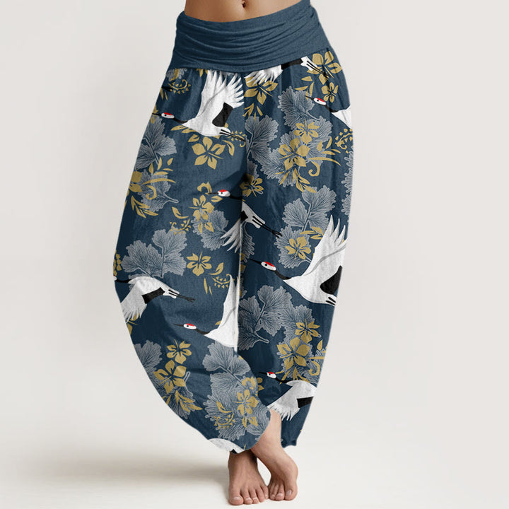 Pantaloni harem da donna con elastico in vita, modello Buddha Stones, gru volante e fiori di ciliegio - SteelBlue - US22, UK/AU26, EU54 (6XL) - image 5