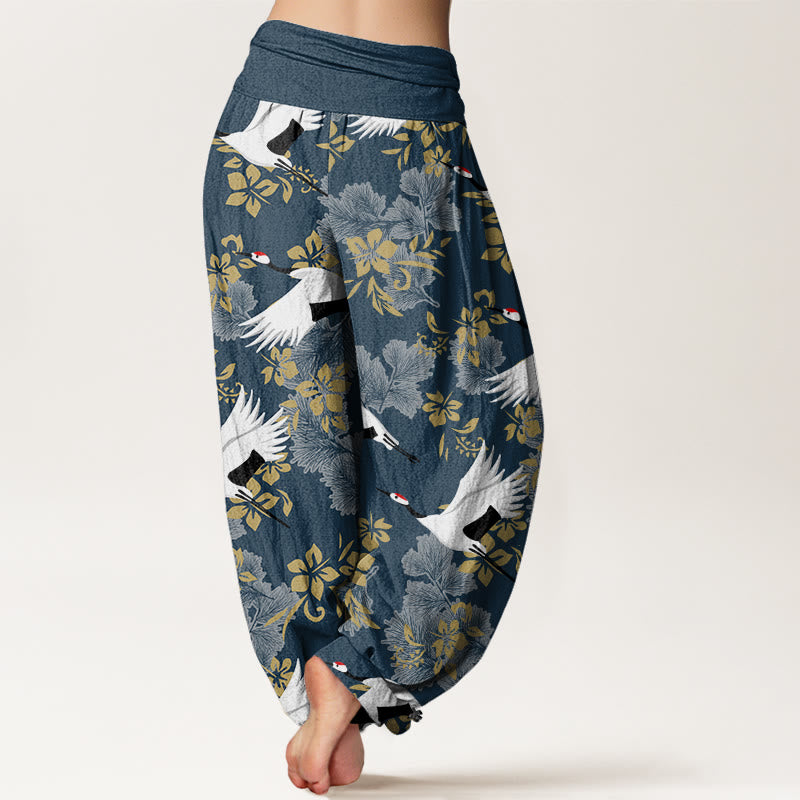 Pantaloni harem da donna con elastico in vita, modello Buddha Stones, gru volante e fiori di ciliegio - image 7