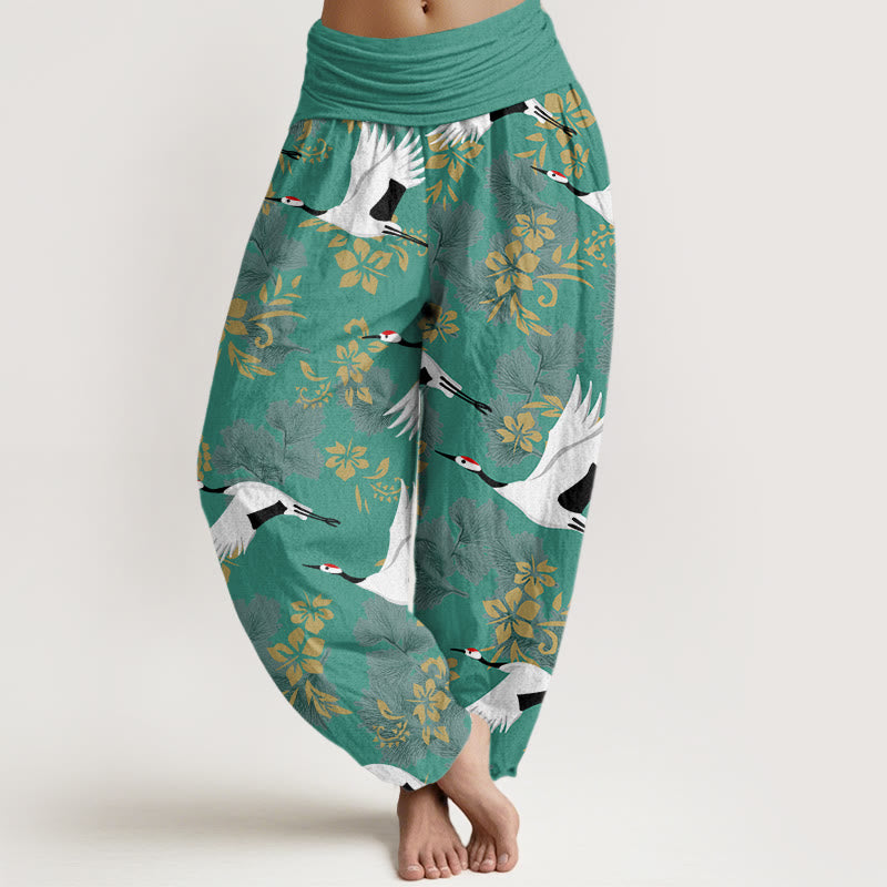Pantaloni harem da donna con elastico in vita, modello Buddha Stones, gru volante e fiori di ciliegio - VerdeMare Chiaro - US22, UK/AU26, EU54 (6XL) - image 8