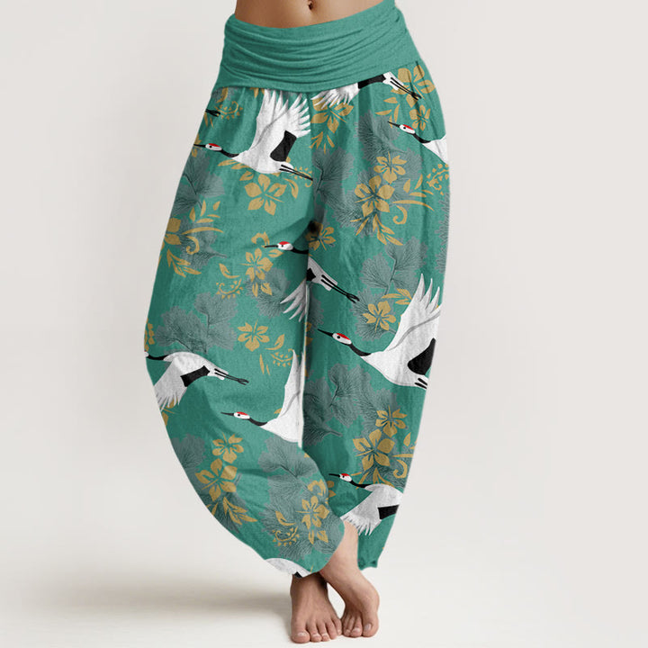 Pantaloni harem da donna con elastico in vita, modello Buddha Stones, gru volante e fiori di ciliegio - VerdeMare Chiaro - US22, UK/AU26, EU54 (6XL) - image 8