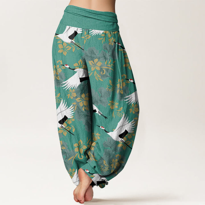 Pantaloni harem da donna con elastico in vita, modello Buddha Stones, gru volante e fiori di ciliegio - image 9