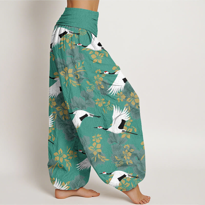 Pantaloni harem da donna con elastico in vita, modello Buddha Stones, gru volante e fiori di ciliegio - image 10