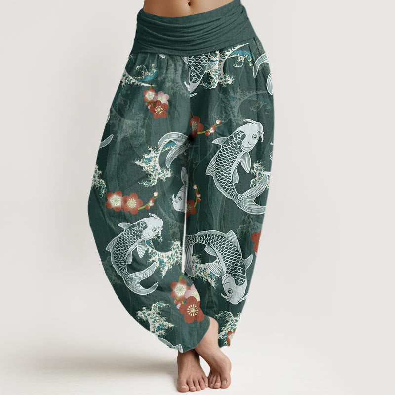 Pantaloni harem da donna con elastico in vita, modello casual con motivo Buddha Stones Koi Fish e fiori di ciliegio - Ciano scuro - US22, UK/AU26, EU54 (6XL) - image 1