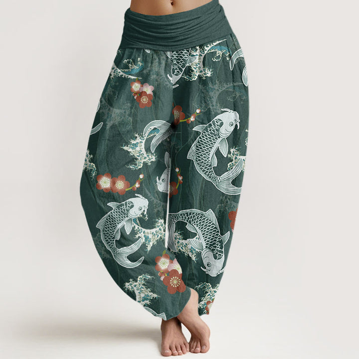 Pantaloni harem da donna con elastico in vita, modello casual con motivo Buddha Stones Koi Fish e fiori di ciliegio - Ciano scuro - US22, UK/AU26, EU54 (6XL) - image 1