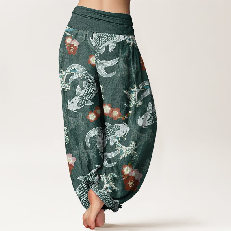 Pantaloni harem da donna con elastico in vita, modello casual con motivo Buddha Stones Koi Fish e fiori di ciliegio - image 3