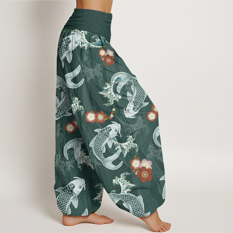 Pantaloni harem da donna con elastico in vita, modello casual con motivo Buddha Stones Koi Fish e fiori di ciliegio - image 2