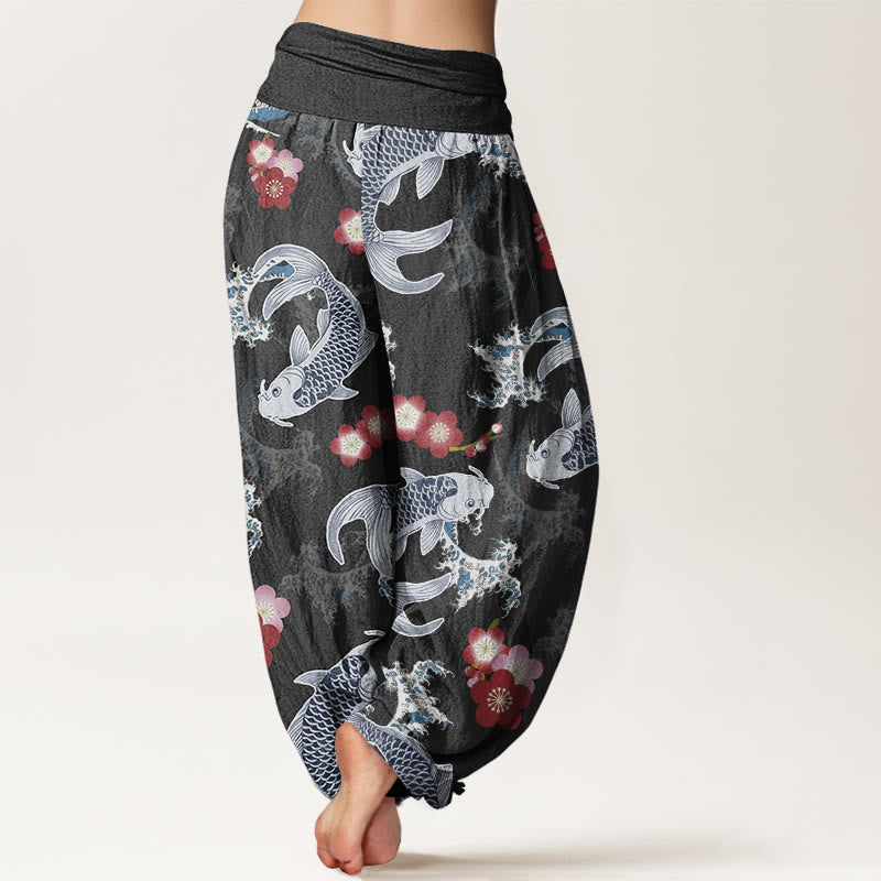 Pantaloni harem da donna con elastico in vita, modello casual con motivo Buddha Stones Koi Fish e fiori di ciliegio - image 7