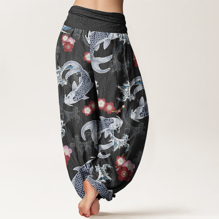 Pantaloni harem da donna con elastico in vita, modello casual con motivo Buddha Stones Koi Fish e fiori di ciliegio - image 7