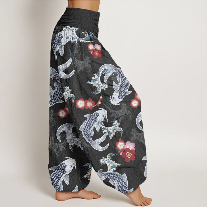 Pantaloni harem da donna con elastico in vita, modello casual con motivo Buddha Stones Koi Fish e fiori di ciliegio - image 6