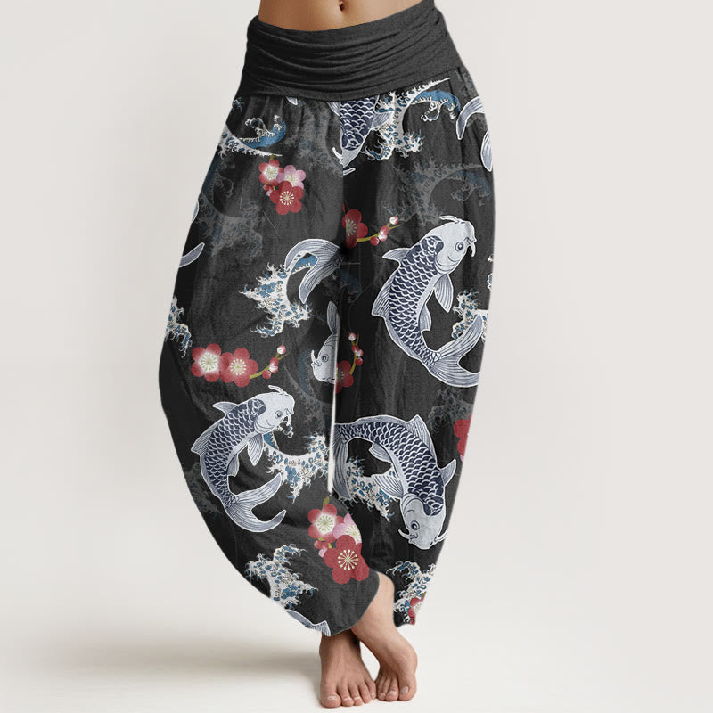 Pantaloni harem da donna con elastico in vita, modello casual con motivo Buddha Stones Koi Fish e fiori di ciliegio - Nero - US22, UK/AU26, EU54 (6XL) - image 5