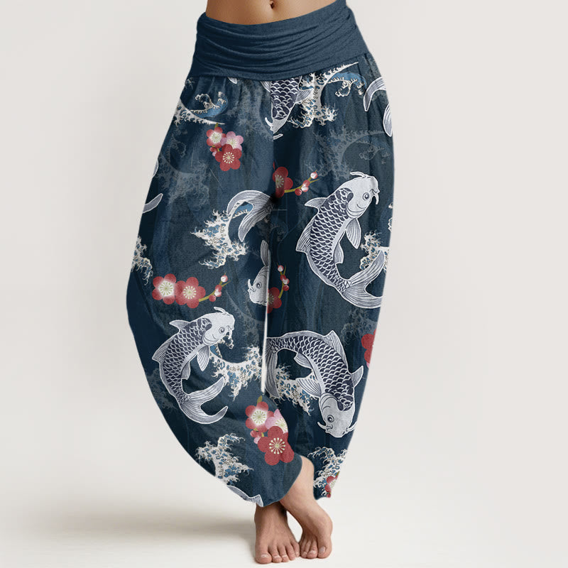 Pantaloni harem da donna con elastico in vita, modello casual con motivo Buddha Stones Koi Fish e fiori di ciliegio - SteelBlue - US22, UK/AU26, EU54 (6XL) - image 8
