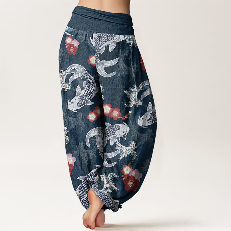 Pantaloni harem da donna con elastico in vita, modello casual con motivo Buddha Stones Koi Fish e fiori di ciliegio - image 10