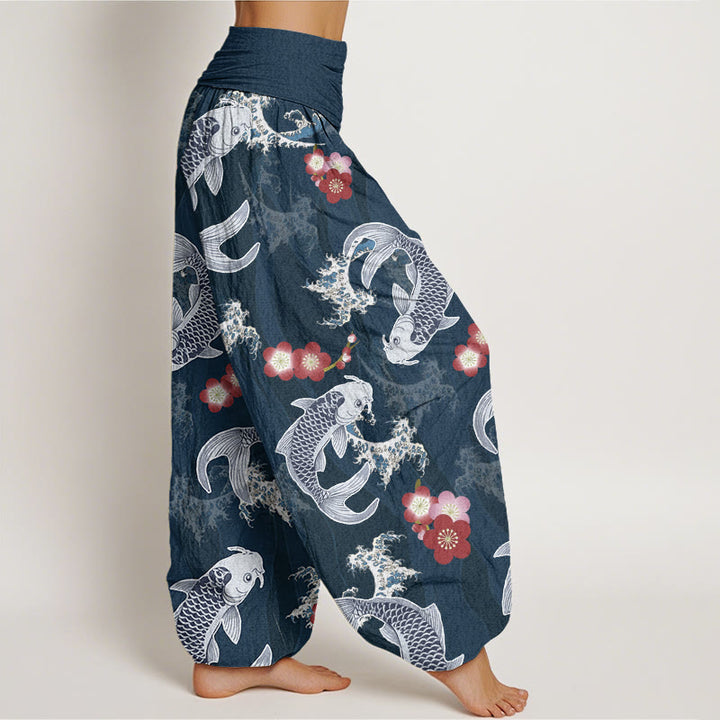Pantaloni harem da donna con elastico in vita, modello casual con motivo Buddha Stones Koi Fish e fiori di ciliegio - image 9