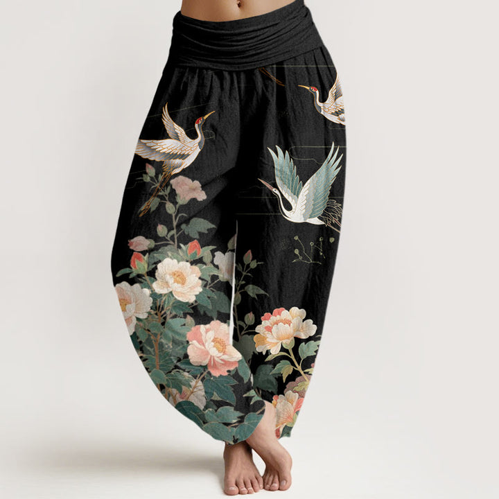 Pantaloni harem da donna con elastico in vita, modello Buddha Stones Casual Crane Peony - Nero - US22, UK/AU26, EU54 (6XL) - image 1