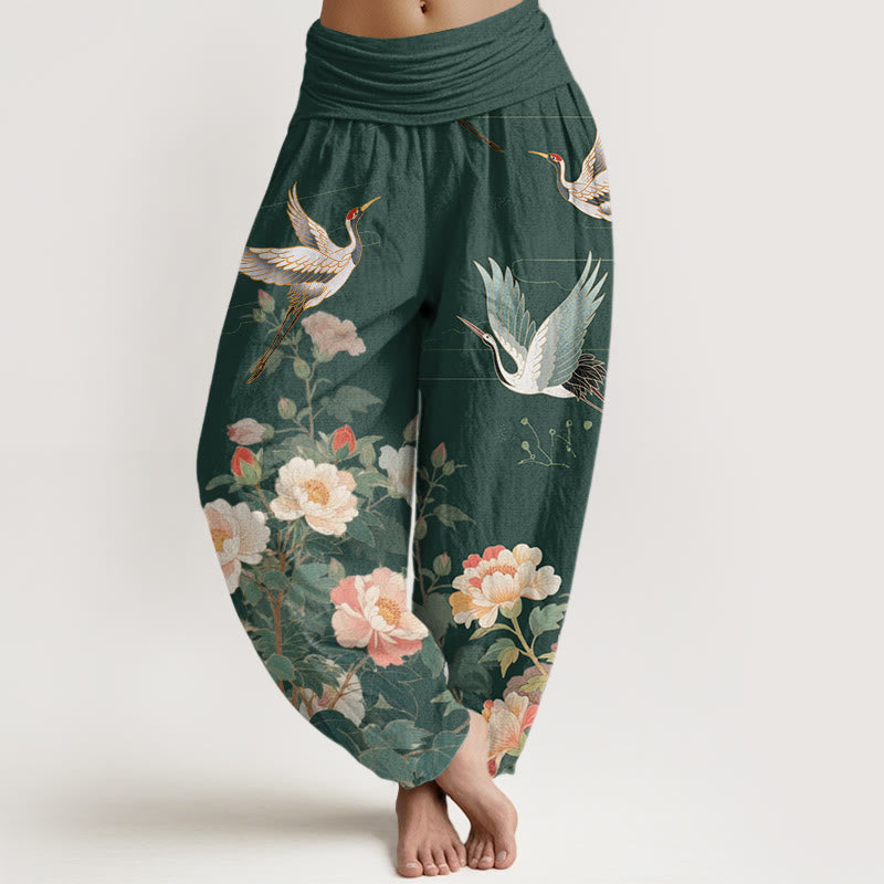 Pantaloni harem da donna con elastico in vita, modello Buddha Stones Casual Crane Peony - Verde scuro - US22, UK/AU26, EU54 (6XL) - image 5