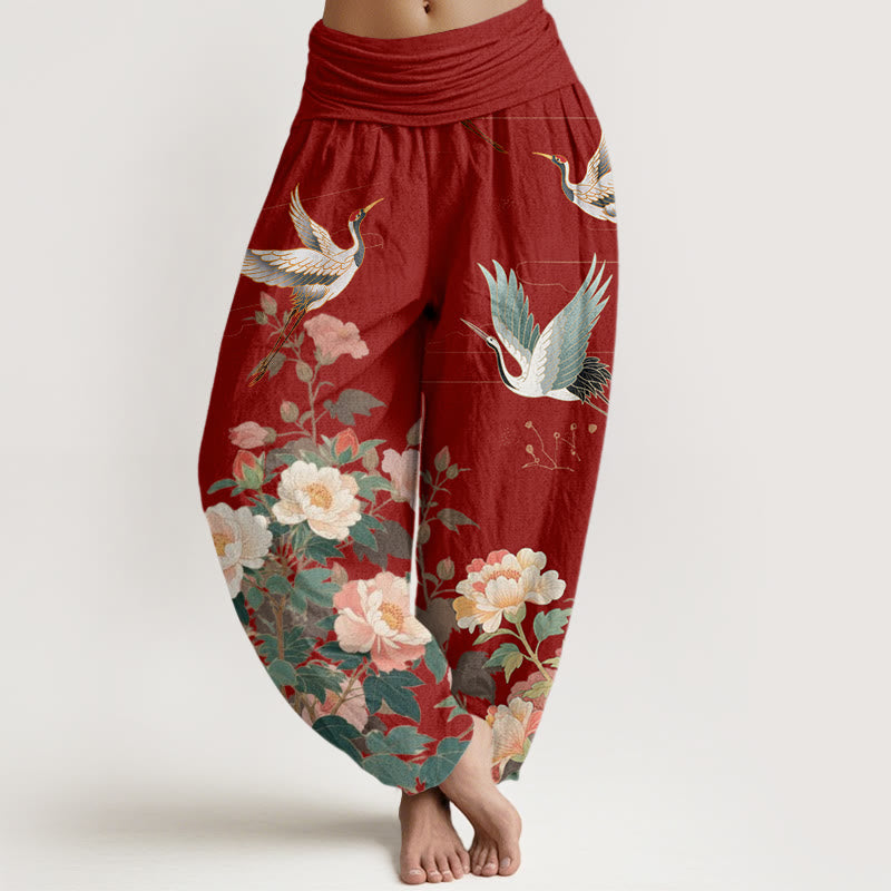 Pantaloni harem da donna con elastico in vita, modello Buddha Stones Casual Crane Peony - Mattoni refrattari - US22, UK/AU26, EU54 (6XL) - image 8