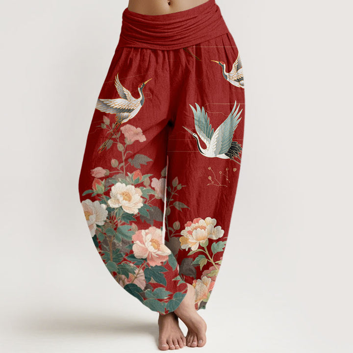 Pantaloni harem da donna con elastico in vita, modello Buddha Stones Casual Crane Peony - Mattoni refrattari - US22, UK/AU26, EU54 (6XL) - image 8