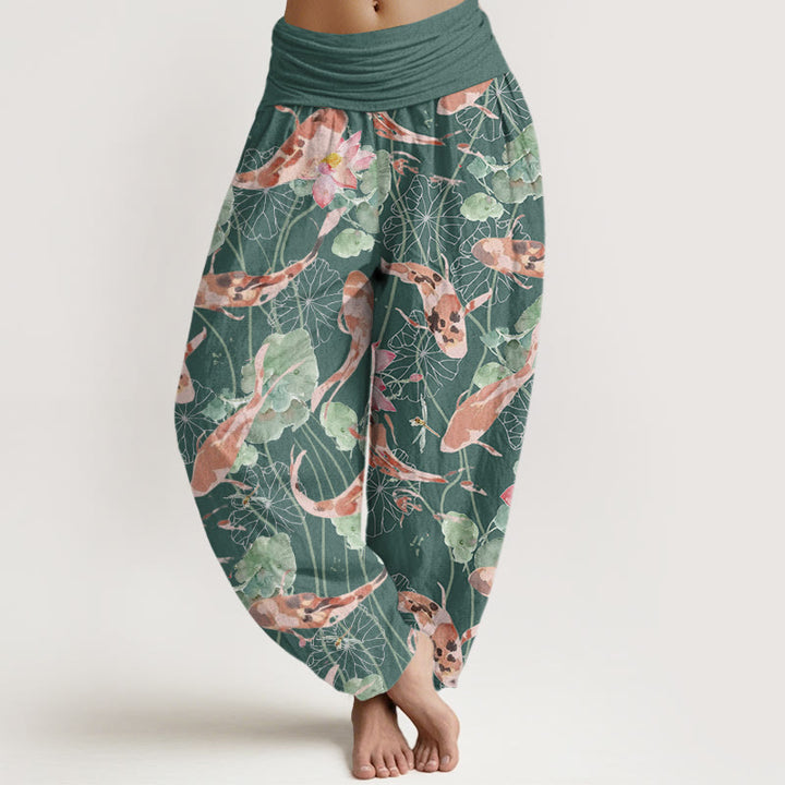 Pantaloni harem da donna con elastico in vita, modello Buddha Stones Casual Koi Fish Lotus - CadetBlue - US22, UK/AU26, EU54 (6XL) - image 1