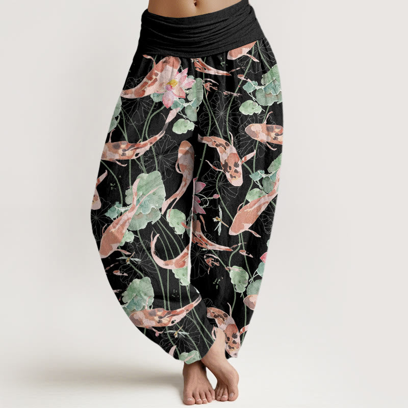 Pantaloni harem da donna con elastico in vita, modello Buddha Stones Casual Koi Fish Lotus - Nero - US22, UK/AU26, EU54 (6XL) - image 5