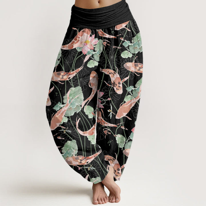 Pantaloni harem da donna con elastico in vita, modello Buddha Stones Casual Koi Fish Lotus - Nero - US22, UK/AU26, EU54 (6XL) - image 5