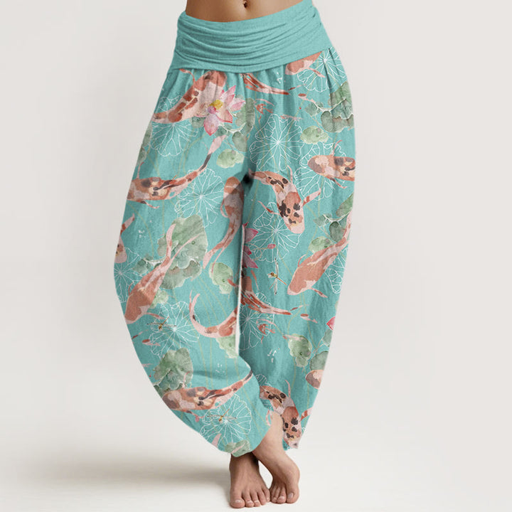 Pantaloni harem da donna con elastico in vita, modello Buddha Stones Casual Koi Fish Lotus - Turchese medio - US22, UK/AU26, EU54 (6XL) - image 8