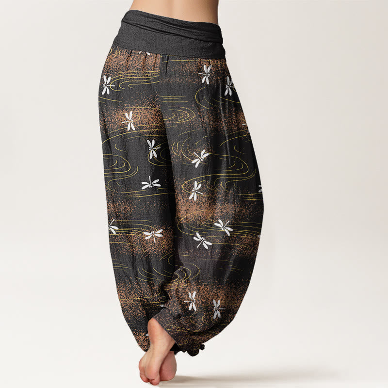 Pantaloni harem da donna con elastico in vita e motivo a onde e libellula, stile casual, motivo Buddha Stones - image 3