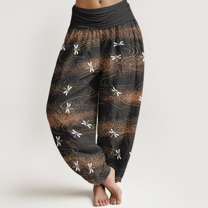 Pantaloni harem da donna con elastico in vita e motivo a onde e libellula, stile casual, motivo Buddha Stones - Nero - US22, UK/AU26, EU54 (6XL) - image 1