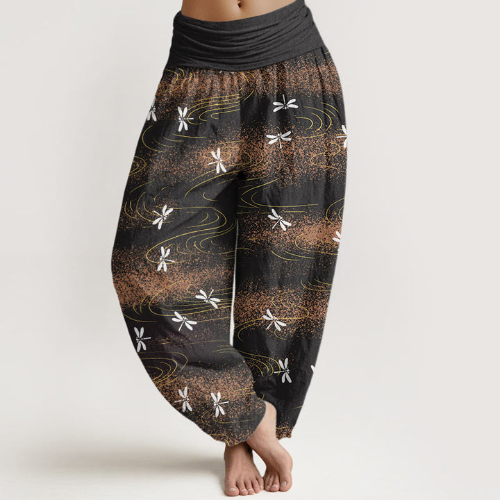 Pantaloni harem da donna con elastico in vita e motivo a onde e libellula, stile casual, motivo Buddha Stones - Nero - US22, UK/AU26, EU54 (6XL) - image 1