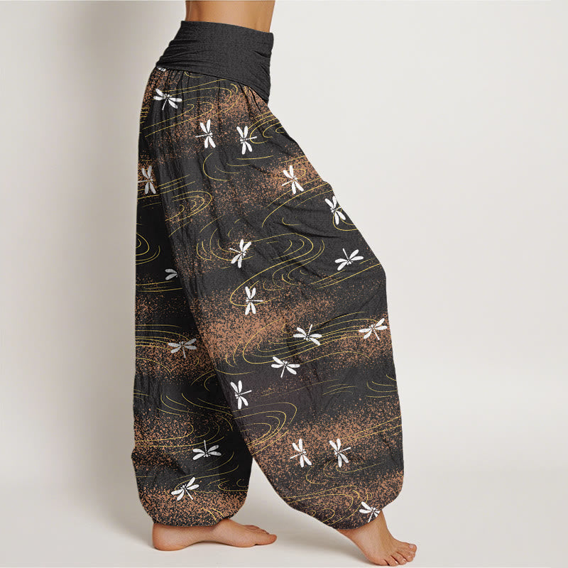 Pantaloni harem da donna con elastico in vita e motivo a onde e libellula, stile casual, motivo Buddha Stones - image 2