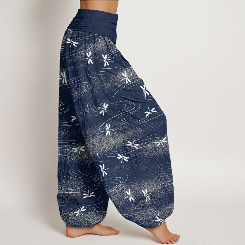 Pantaloni harem da donna con elastico in vita e motivo a onde e libellula, stile casual, motivo Buddha Stones - image 6