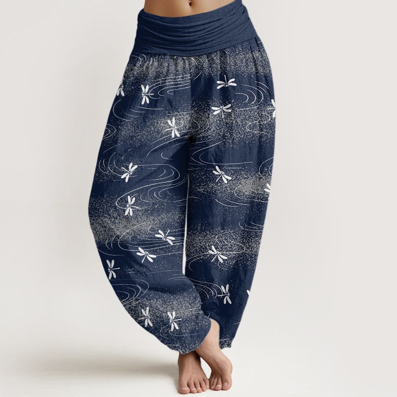 Pantaloni harem da donna con elastico in vita e motivo a onde e libellula, stile casual, motivo Buddha Stones - Marina - US22, UK/AU26, EU54 (6XL) - image 5