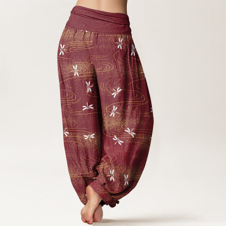 Pantaloni harem da donna con elastico in vita e motivo a onde e libellula, stile casual, motivo Buddha Stones - image 10