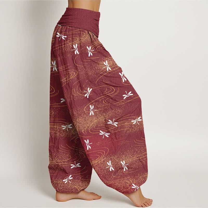 Pantaloni harem da donna con elastico in vita e motivo a onde e libellula, stile casual, motivo Buddha Stones - image 9