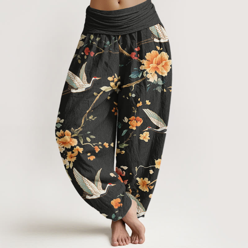 Pantaloni harem da donna con elastico in vita, modello casual con gru e fiori, motivo Buddha Stones - Nero - US22, UK/AU26, EU54 (6XL) - image 1
