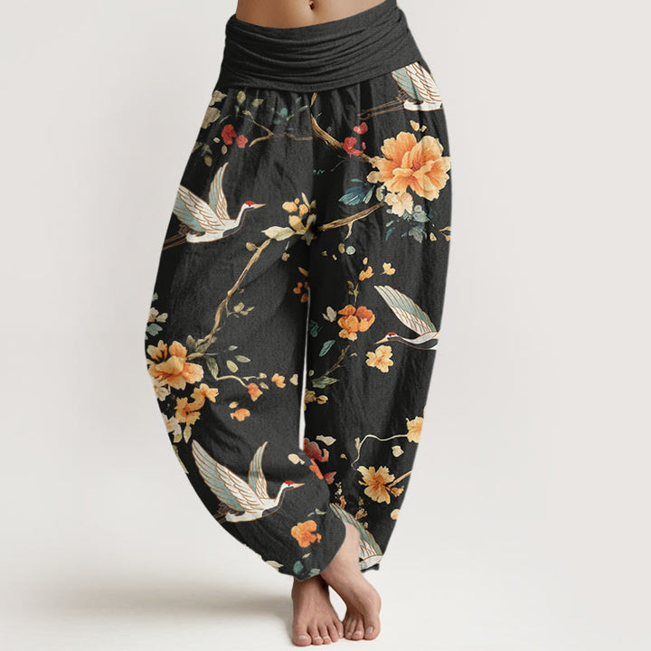 Pantaloni harem da donna con elastico in vita, modello casual con gru e fiori, motivo Buddha Stones - Nero - US22, UK/AU26, EU54 (6XL) - image 1